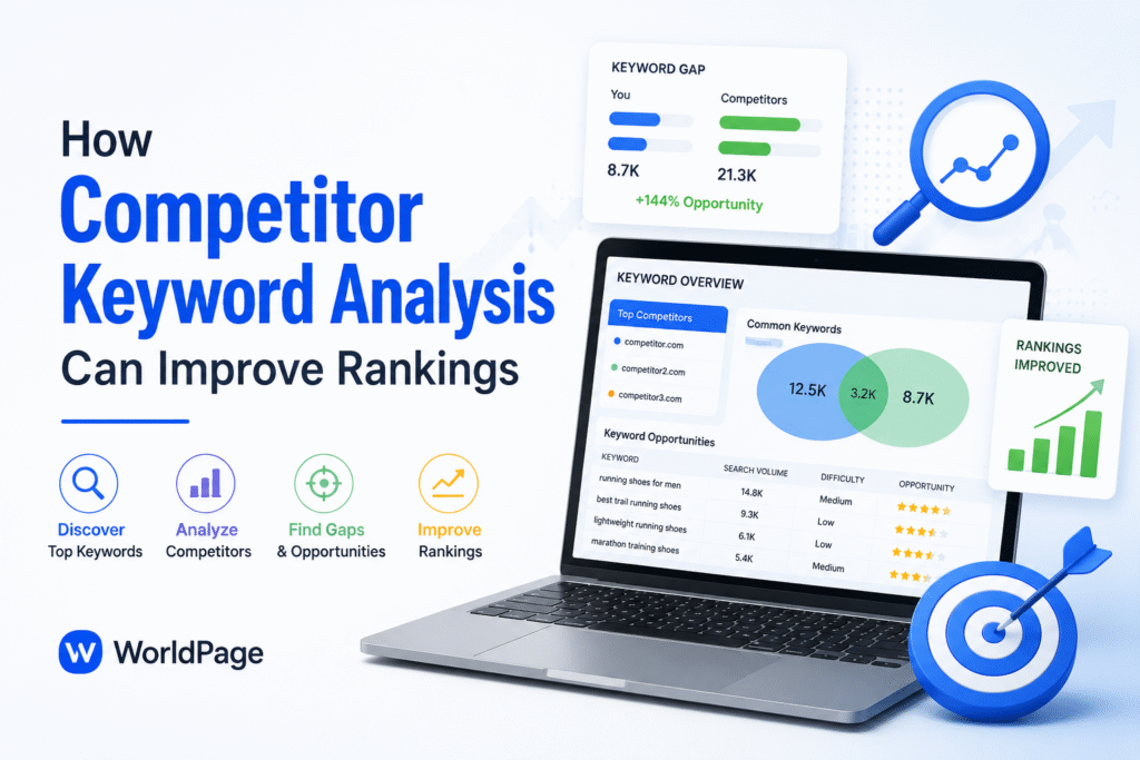 SEO Service in UK illustration showing search engine optimization strategies, keyword research, competitor analysis, and website ranking improvement for UK businesses.
