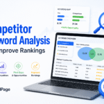 SEO Service in UK illustration showing search engine optimization strategies, keyword research, competitor analysis, and website ranking improvement for UK businesses.